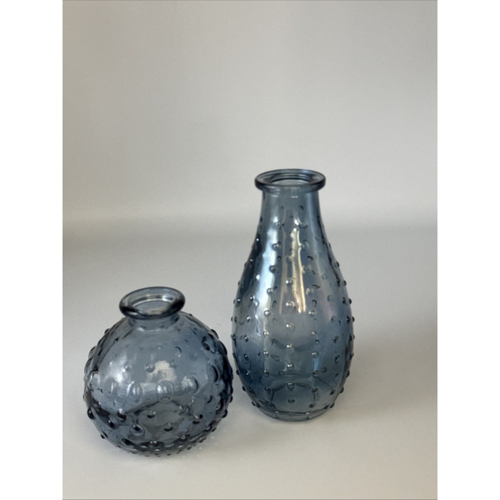 Vintage Blue Hobnail Vases 3.5" Round Ball And 5" Tall. Versatile Usage/Decor